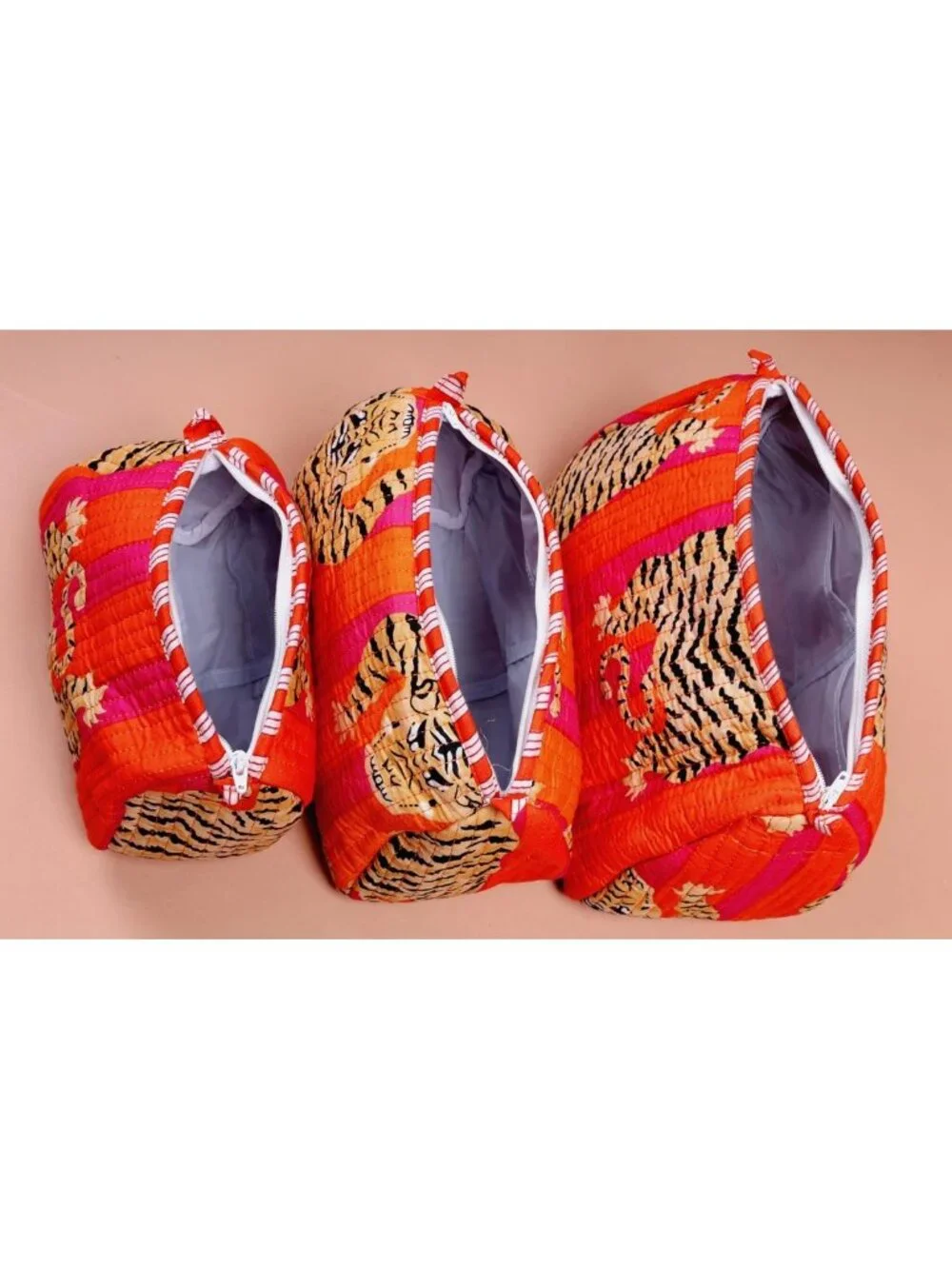 3pcs Quilted Cotton Tiger Print Travel Toiletry & Makeup Organizer Set